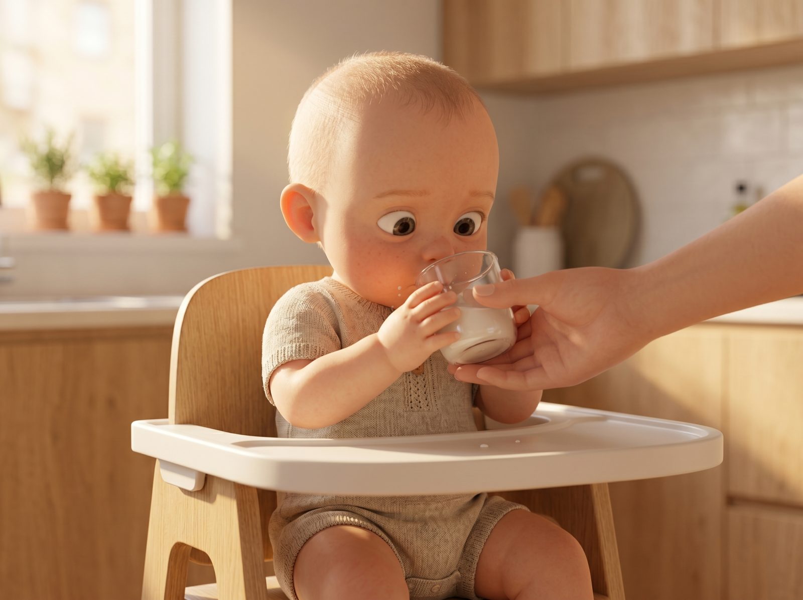 Drinks from cup without lid (as you hold it)